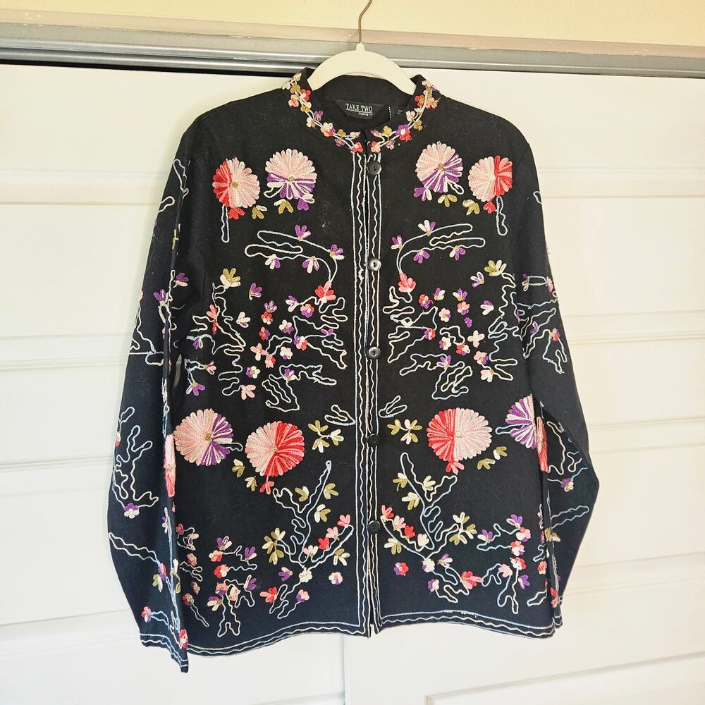 NWOT Take Two Clothing Co Embroidered Black Floral Boho Jacket Cardigan Medium